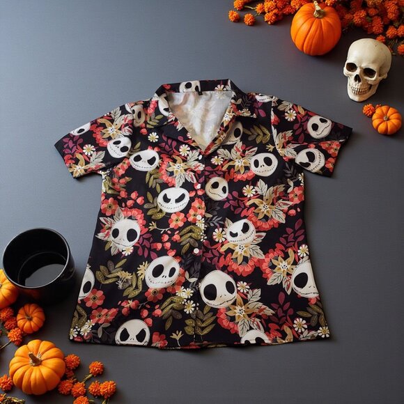 Jack Skellington Floral Shirt L – Halloween Goth Disneycore Button-Up - Picture 1 of 10